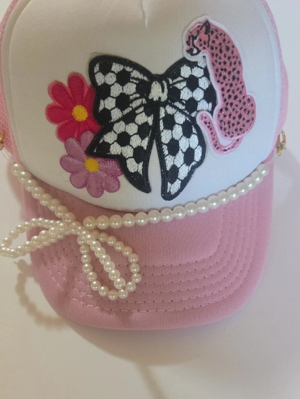 Pink Embellished Trucker Hat with Bow & Leopard Patch Nee Kids Pink